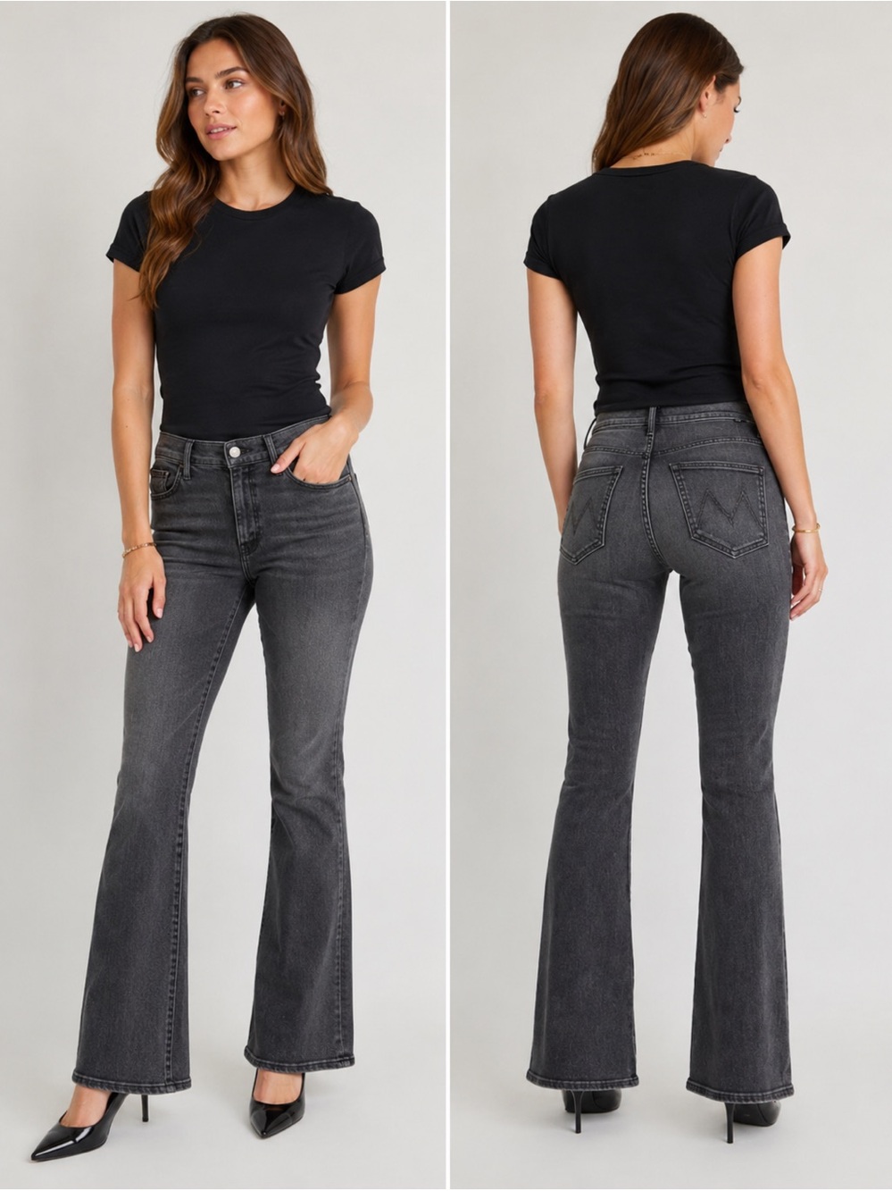MOTHER The Weekender Mid Rise Flare Jeans Gray Can You Call My Phone Wash Sz 23